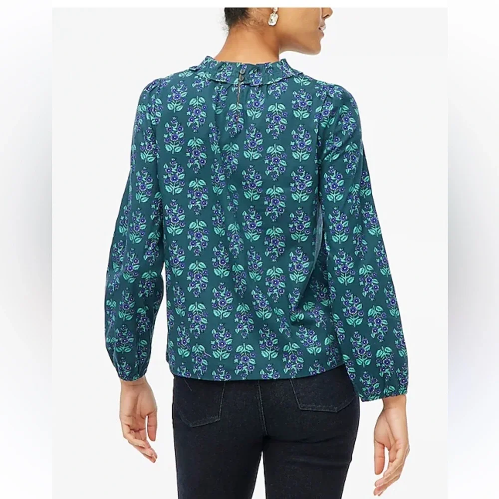 J. Crew Blue Ruffled Long Sleeve Blouse poplin floral